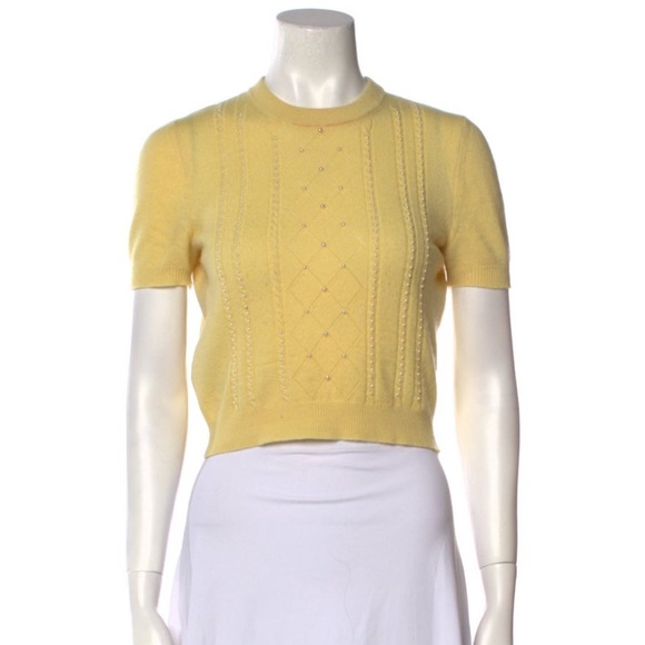 Miu Miu Yellow Cashmere pearl Short Sleeve Knit Top